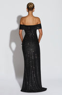 Zelda | Off Shoulder Maxi Dress – Ruched Bodice High Slit Side Drape
