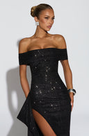 Zelda | Off Shoulder Maxi Dress – Ruched Bodice High Slit Side Drape