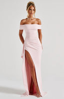 Zelda | Off Shoulder Maxi Dress – Ruched Bodice High Slit Side Drape