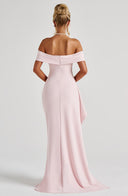 Zelda | Off Shoulder Maxi Dress – Ruched Bodice High Slit Side Drape