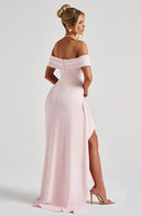 Zelda | Off Shoulder Maxi Dress – Ruched Bodice High Slit Side Drape