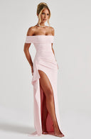 Zelda | Off Shoulder Maxi Dress – Ruched Bodice High Slit Side Drape