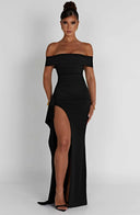Zelda | Off Shoulder Maxi Dress – Ruched Bodice High Slit Side Drape