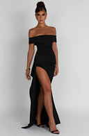 Zelda | Off Shoulder Maxi Dress – Ruched Bodice High Slit Side Drape