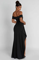 Zelda | Off Shoulder Maxi Dress – Ruched Bodice High Slit Side Drape