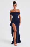 Zelda | Off Shoulder Maxi Dress – Ruched Bodice High Slit Side Drape