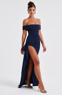 Zelda | Off Shoulder Maxi Dress – Ruched Bodice High Slit Side Drape