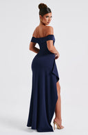 Zelda | Off Shoulder Maxi Dress – Ruched Bodice High Slit Side Drape