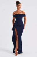 Zelda | Off Shoulder Maxi Dress – Ruched Bodice High Slit Side Drape