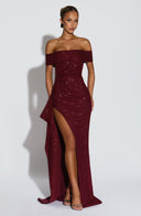 Zelda | Off Shoulder Maxi Dress – Ruched Bodice High Slit Side Drape