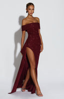 Zelda | Off Shoulder Maxi Dress – Ruched Bodice High Slit Side Drape