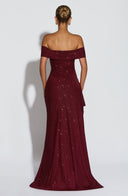 Zelda | Off Shoulder Maxi Dress – Ruched Bodice High Slit Side Drape