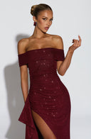 Zelda | Off Shoulder Maxi Dress – Ruched Bodice High Slit Side Drape