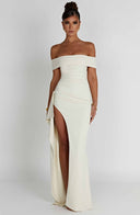 Zelda | Off Shoulder Maxi Dress – Ruched Bodice High Slit Side Drape
