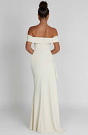 Zelda | Off Shoulder Maxi Dress – Ruched Bodice High Slit Side Drape