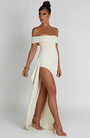 Zelda | Off Shoulder Maxi Dress – Ruched Bodice High Slit Side Drape