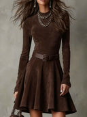 Zena | Suede Effect Mini Dress – Casual Crew Neck Belted Long Sleeve