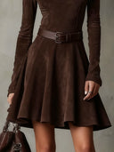 Zena | Suede Effect Mini Dress – Casual Crew Neck Belted Long Sleeve