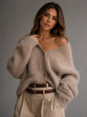 Zinnia | Oversized Fuzzy Knit Cardigan – V Neck Button Front Long Sleeve