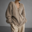 Zinnia | Oversized Fuzzy Knit Cardigan – V Neck Button Front Long Sleeve