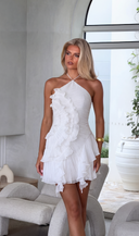 Zora | Halter Ruffle Mini Cocktail Dress – Pleated Asymmetric Layered Skirt