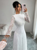 Zuleika | Floral Lace Maxi Dress – Evening Mock Neck Sheer Long Sleeve Flared Hem