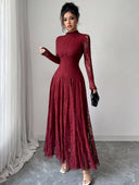 Zuleika | Floral Lace Maxi Dress – Evening Mock Neck Sheer Long Sleeve Flared Hem