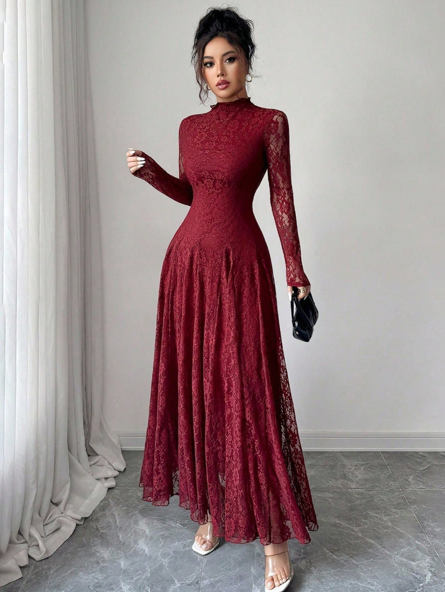 Zuleika | Floral Lace Maxi Dress – Evening Mock Neck Sheer Long Sleeve Flared Hem