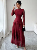 Zuleika | Floral Lace Maxi Dress – Evening Mock Neck Sheer Long Sleeve Flared Hem