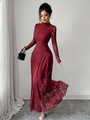 Zuleika | Floral Lace Maxi Dress – Evening Mock Neck Sheer Long Sleeve Flared Hem