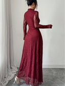 Zuleika | Floral Lace Maxi Dress – Evening Mock Neck Sheer Long Sleeve Flared Hem