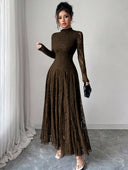 Zuleika | Floral Lace Maxi Dress – Evening Mock Neck Sheer Long Sleeve Flared Hem