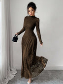 Zuleika | Floral Lace Maxi Dress – Evening Mock Neck Sheer Long Sleeve Flared Hem