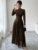 Zuleika | Floral Lace Maxi Dress – Evening Mock Neck Sheer Long Sleeve Flared Hem