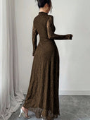Zuleika | Floral Lace Maxi Dress – Evening Mock Neck Sheer Long Sleeve Flared Hem