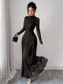 Zuleika | Floral Lace Maxi Dress – Evening Mock Neck Sheer Long Sleeve Flared Hem