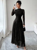 Zuleika | Floral Lace Maxi Dress – Evening Mock Neck Sheer Long Sleeve Flared Hem