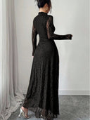 Zuleika | Floral Lace Maxi Dress – Evening Mock Neck Sheer Long Sleeve Flared Hem