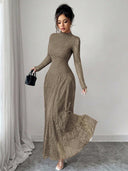 Zuleika | Floral Lace Maxi Dress – Evening Mock Neck Sheer Long Sleeve Flared Hem