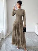Zuleika | Floral Lace Maxi Dress – Evening Mock Neck Sheer Long Sleeve Flared Hem