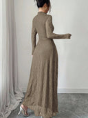 Zuleika | Floral Lace Maxi Dress – Evening Mock Neck Sheer Long Sleeve Flared Hem