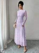 Zuleika | Floral Lace Maxi Dress – Evening Mock Neck Sheer Long Sleeve Flared Hem