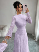 Zuleika | Floral Lace Maxi Dress – Evening Mock Neck Sheer Long Sleeve Flared Hem