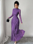 Zuleika | Floral Lace Maxi Dress – Evening Mock Neck Sheer Long Sleeve Flared Hem