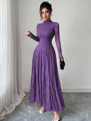 Zuleika | Floral Lace Maxi Dress – Evening Mock Neck Sheer Long Sleeve Flared Hem