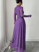 Zuleika | Floral Lace Maxi Dress – Evening Mock Neck Sheer Long Sleeve Flared Hem